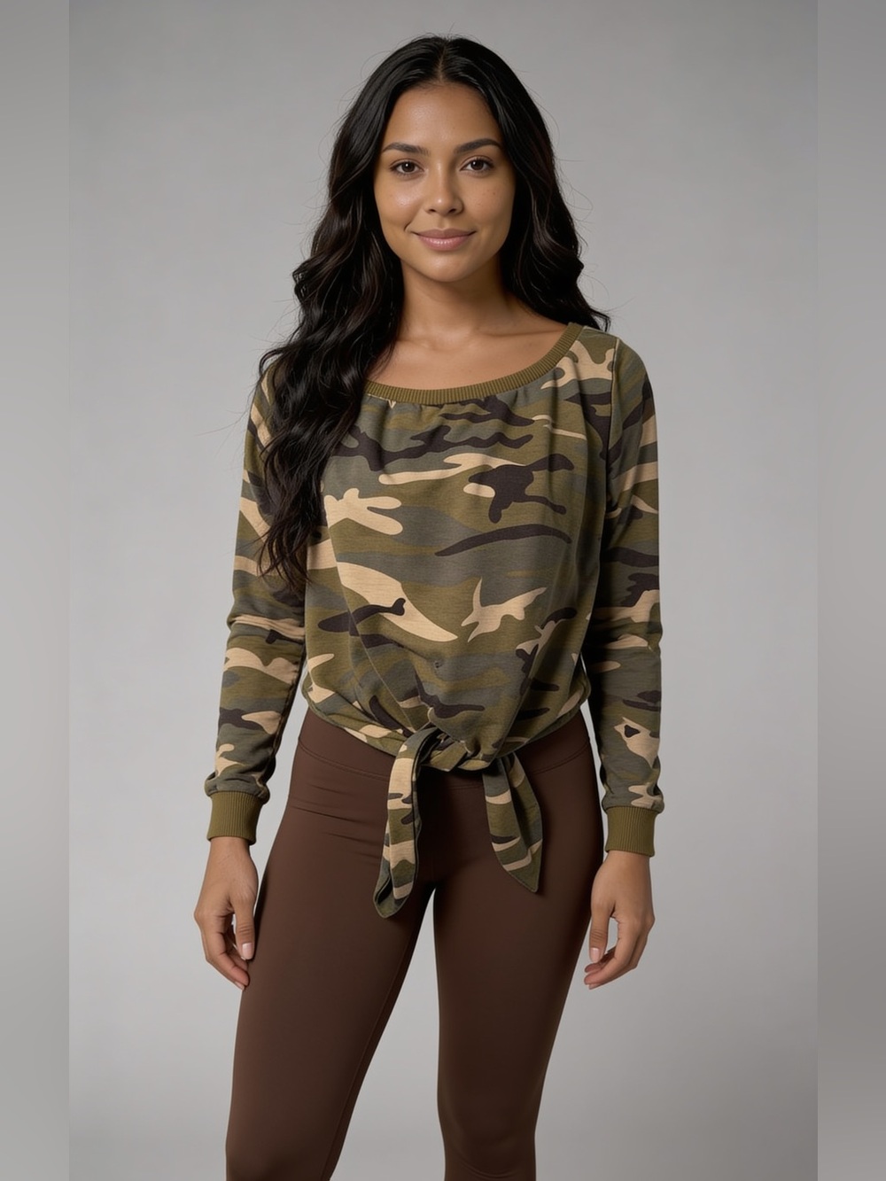 Fashion Nova Olive Camo Tie-Front Sweatshirt